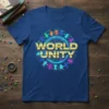 World Unity t-shirt design featuring a golden text "World Unity" above a colorful globe with diverse people holding hands around