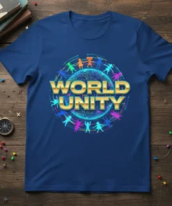 World Unity t-shirt design featuring a golden text "World Unity" above a colorful globe with diverse people holding hands around