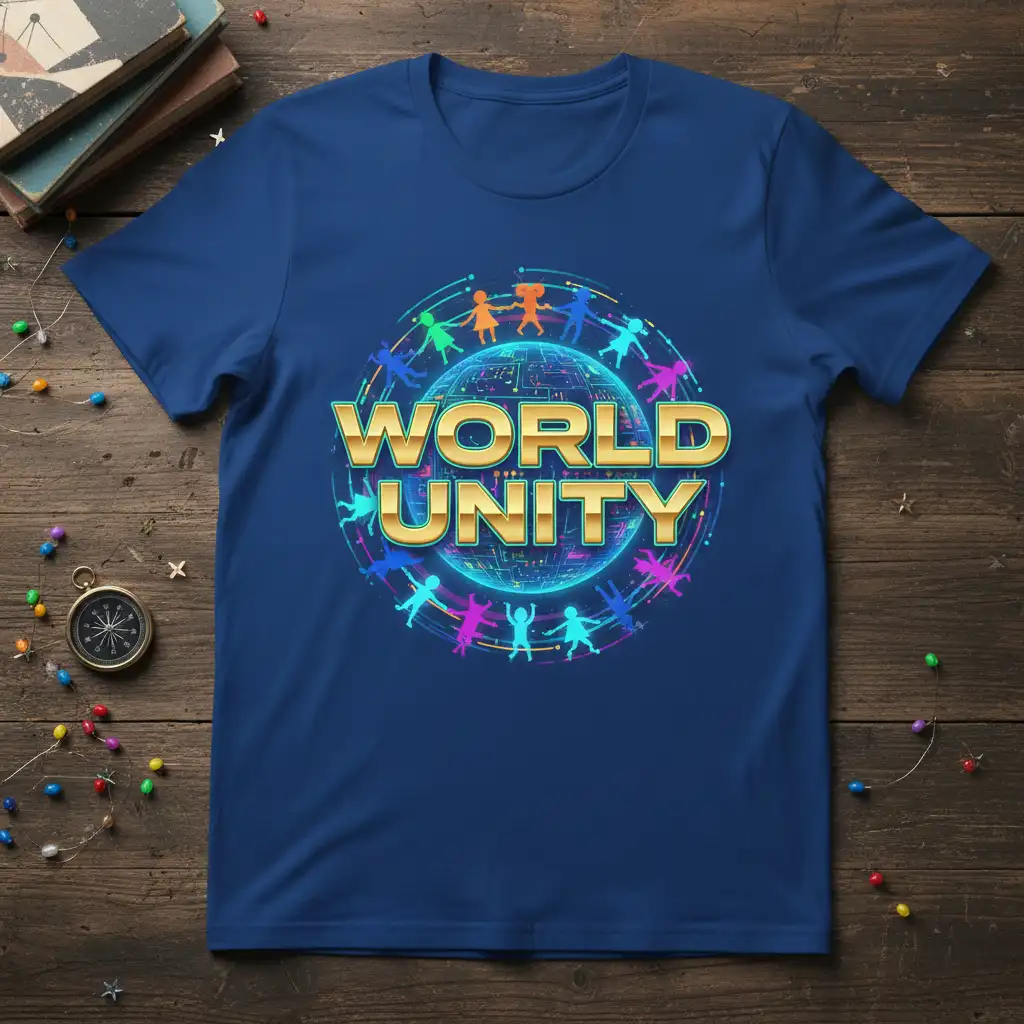 World Unity graphic with golden text and diverse figures holding hands around a colorful globe illustration