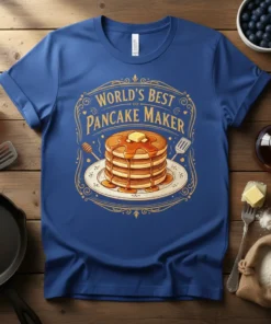 World's Best Pancake Maker text with a stack of pancakes graphic on a blue t-shirt