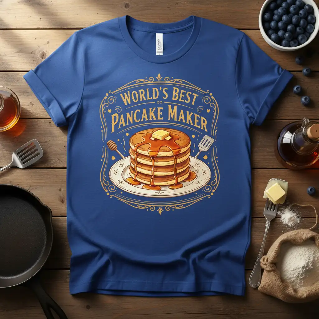 World's Best Pancake Maker text and stack of pancakes illustration on a blue t-shirt