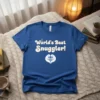 World's Best Snuggler! text with a graphic of two faces embracing on a blue t-shirt