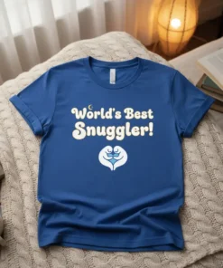 World's Best Snuggler! text with a graphic of two faces embracing on a blue t-shirt