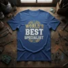World's Best Specialist t-shirt with gold laurel wreath and open book graphic, featuring distressed white and gold text