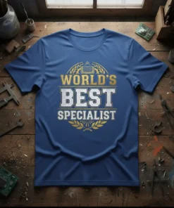 World's Best Specialist t-shirt with gold laurel wreath and open book graphic, featuring distressed white and gold text