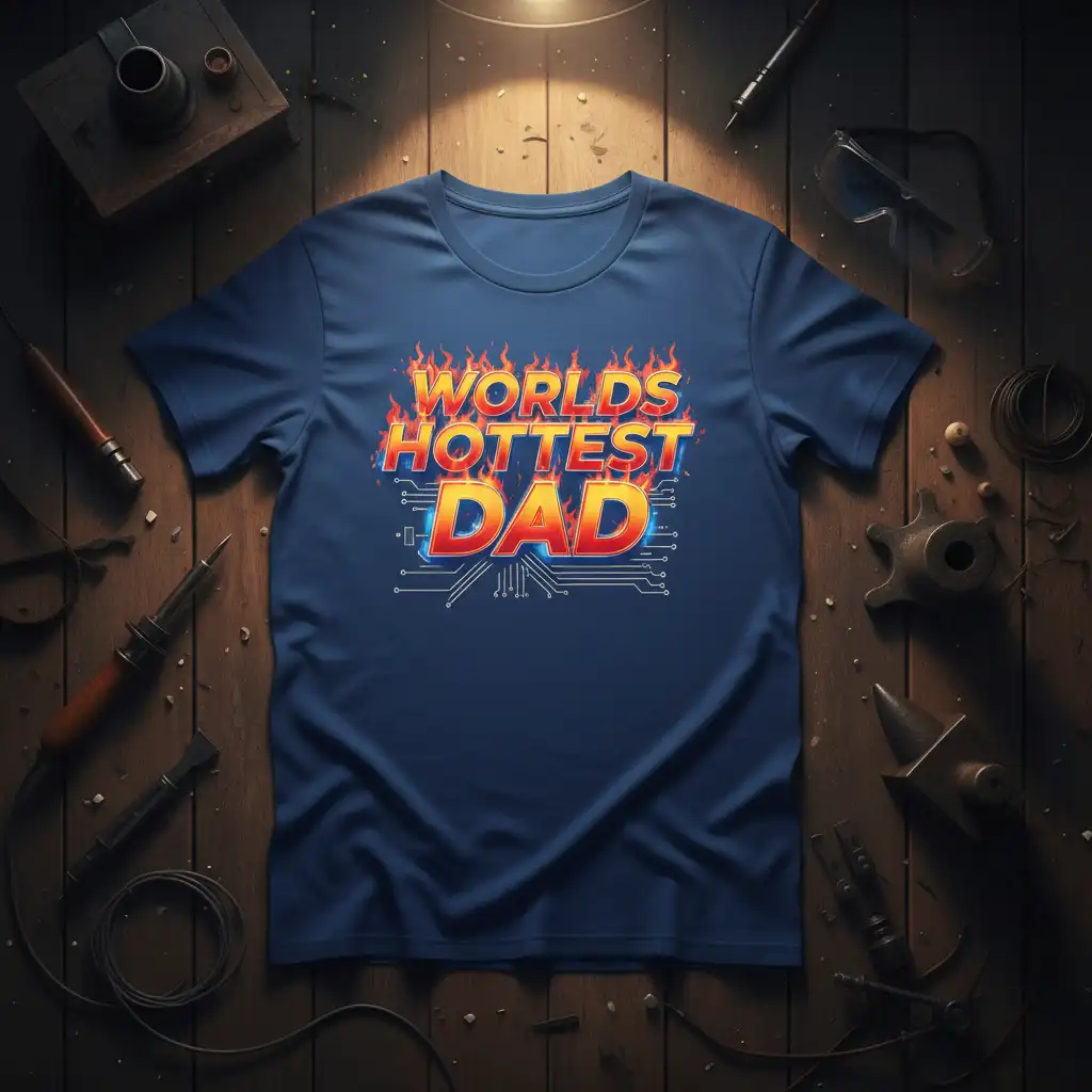 Worlds Hottest Dad text with vibrant flames and circuit board design on a navy t-shirt