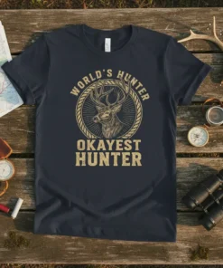 World's Hunter Okayest Hunter t-shirt design with a deer graphic in a circular emblem