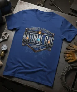 World's Largest Natural Gas Supply text design on a blue t-shirt with industrial pipe graphics and flames