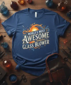 T-shirt with "World's Most Awesome Glass Blower" text and a graphic of a blowpipe and sun