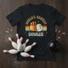 Retro World's Okayest Bowler t-shirt design with bowling pins, ball, and vintage stripes