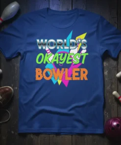 World's Okayest Bowler text design with bowling pins and colorful abstract shapes on a navy blue t-shirt