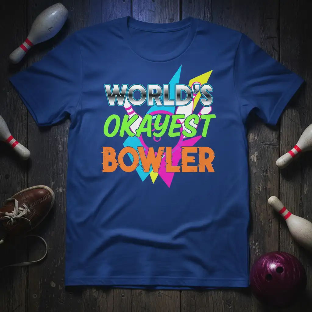 World's Okayest Bowler text in vibrant colors with bowling pin graphics on a comfortable t-shirt