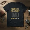 Black t-shirt with "World's Okayest Dad" text and four golden stars, representing a humorous rating
