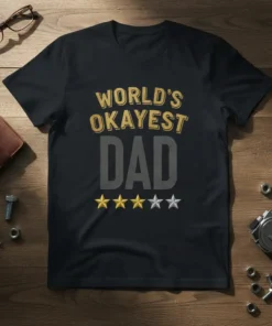 Black t-shirt with "World's Okayest Dad" text and four golden stars, representing a humorous rating