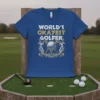 World's Okayest Golfer text with golf ball and crossed clubs graphic on a blue t-shirt
