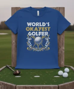 World's Okayest Golfer text with golf ball and crossed clubs graphic on a blue t-shirt