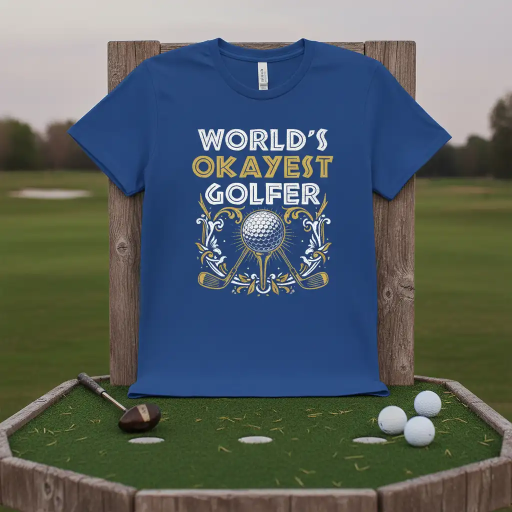 World's Okayest Golfer humorous text with golf ball and crossed clubs design on a blue t-shirt
