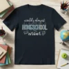 Homeschool mom t-shirt with "world's okayest HOMESCHOOL mom" text and school-themed graphics like a book and globe
