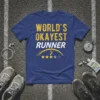World's Okayest Runner text design on a blue t-shirt with speedometer graphic and star ratings