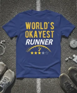 World's Okayest Runner text design on a blue t-shirt with speedometer graphic and star ratings