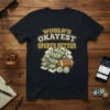 World's Okayest Sports Bettor text with football, money stacks, cards, and dice graphic on a dark t-shirt