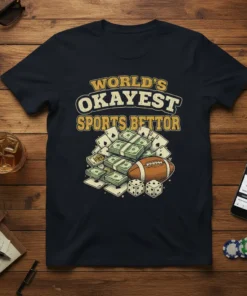 World's Okayest Sports Bettor text with football, money stacks, cards, and dice graphic on a dark t-shirt