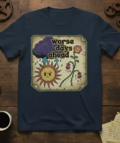Worse Days Ahead quote in retro font with angry sun and wilting flowers graphic on a t-shirt