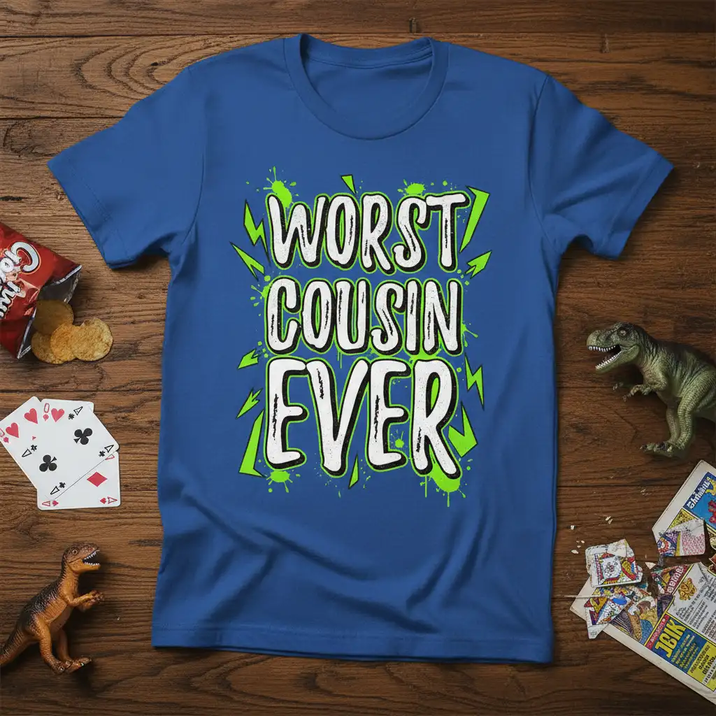 Worst Cousin Ever quote t-shirt with energetic green lightning and splatters, perfect for family humor