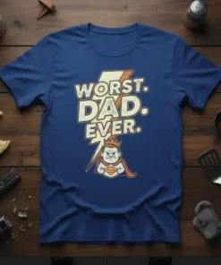 Worst. Dad. Ever. text in distressed font with a grumpy superhero graphic, on a royal blue t-shirt