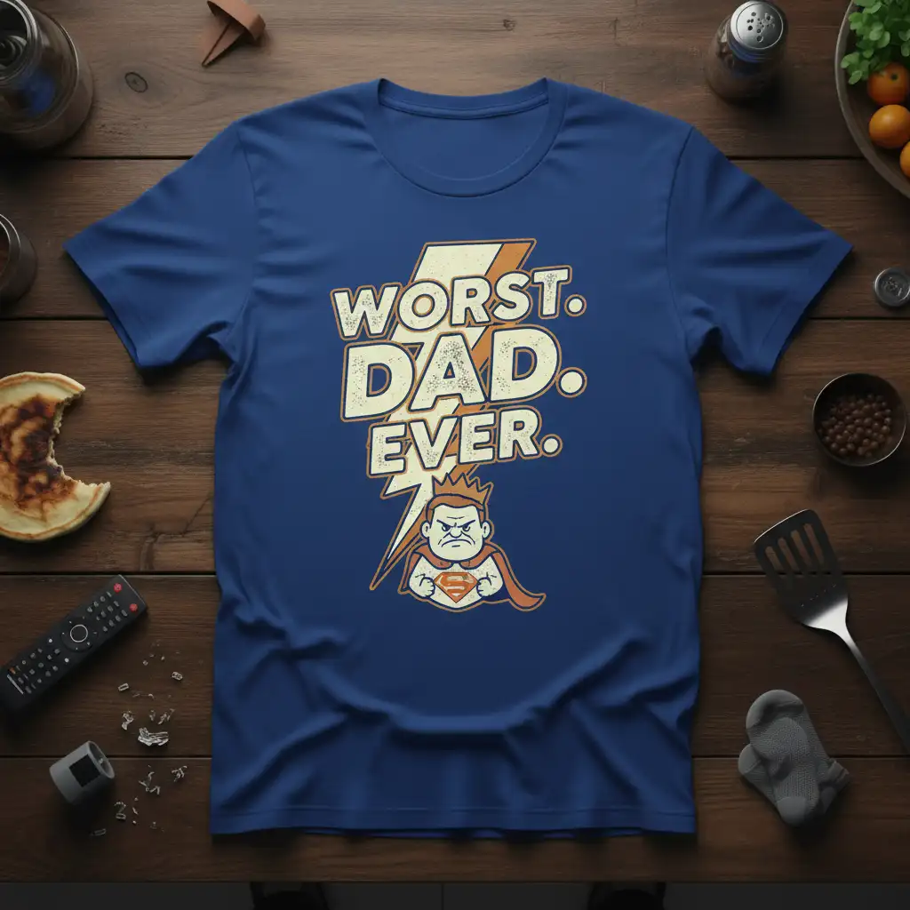 Worst. Dad. Ever. humorous quote with a grumpy superhero graphic on a royal blue t-shirt