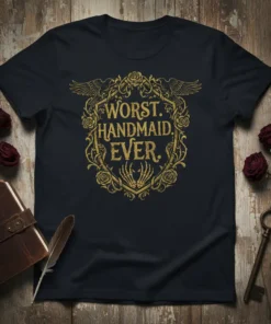 Worst Handmaid Ever text with gothic frame and skeleton hands on a navy t-shirt