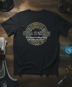 Black t-shirt with "Wrestling The Element of Folding Clothes with People Still in Them" quote surrounded by gears and chain