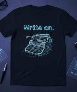 Black t-shirt with "Write on." in neon blue text above a detailed graphic of a retro typewriter