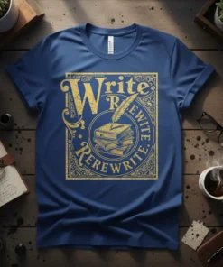 Write Rewrite Rerewrite t-shirt design featuring vintage typography, a quill pen, and a stack of books
