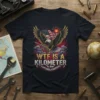 WTF IS A KILOMETER t-shirt design with an eagle holding a rifle and the American flag
