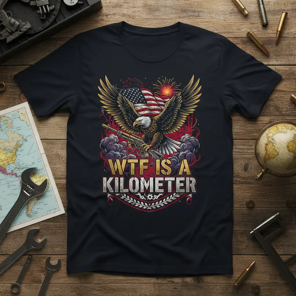 WTF IS A KILOMETER quote with eagle and American flag graphic on a t-shirt