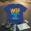 WTF Where's The Finish? text with running figures graphic on a blue t-shirt, suitable for runners