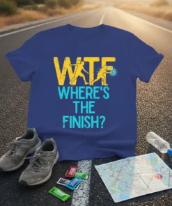 WTF Where's The Finish? text with running figures graphic on a blue t-shirt, suitable for runners