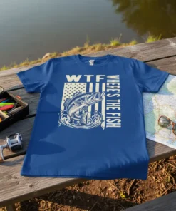 WTF WHERE'S THE FISH t-shirt with bass fish graphic and American flag