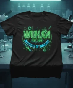 Wuhan Est. 2019 Institute of Virology text with DNA and molecular graphics on a black t-shirt