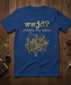 WWJD? Probably Flip Tables humorous quote t-shirt design with a graphic of an overturned table