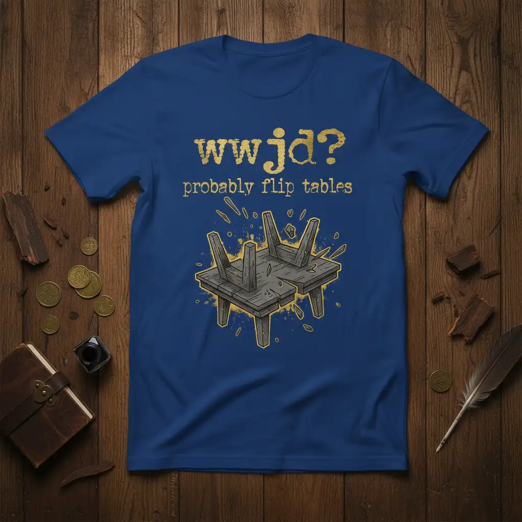 WWJD? Probably Flip Tables funny gamer quote with overturned table graphic, perfect for tabletop RPG fans