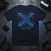 Black t-shirt featuring the XRP cryptocurrency logo in glowing blue neon lines with circuit board background details