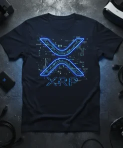 Black t-shirt featuring the XRP cryptocurrency logo in glowing blue neon lines with circuit board background details