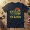 Ya Mon t-shirt with green cannabis leaf, palm trees, and retro sunset graphic