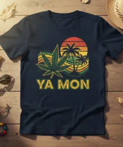 Ya Mon t-shirt with green cannabis leaf, palm trees, and retro sunset graphic