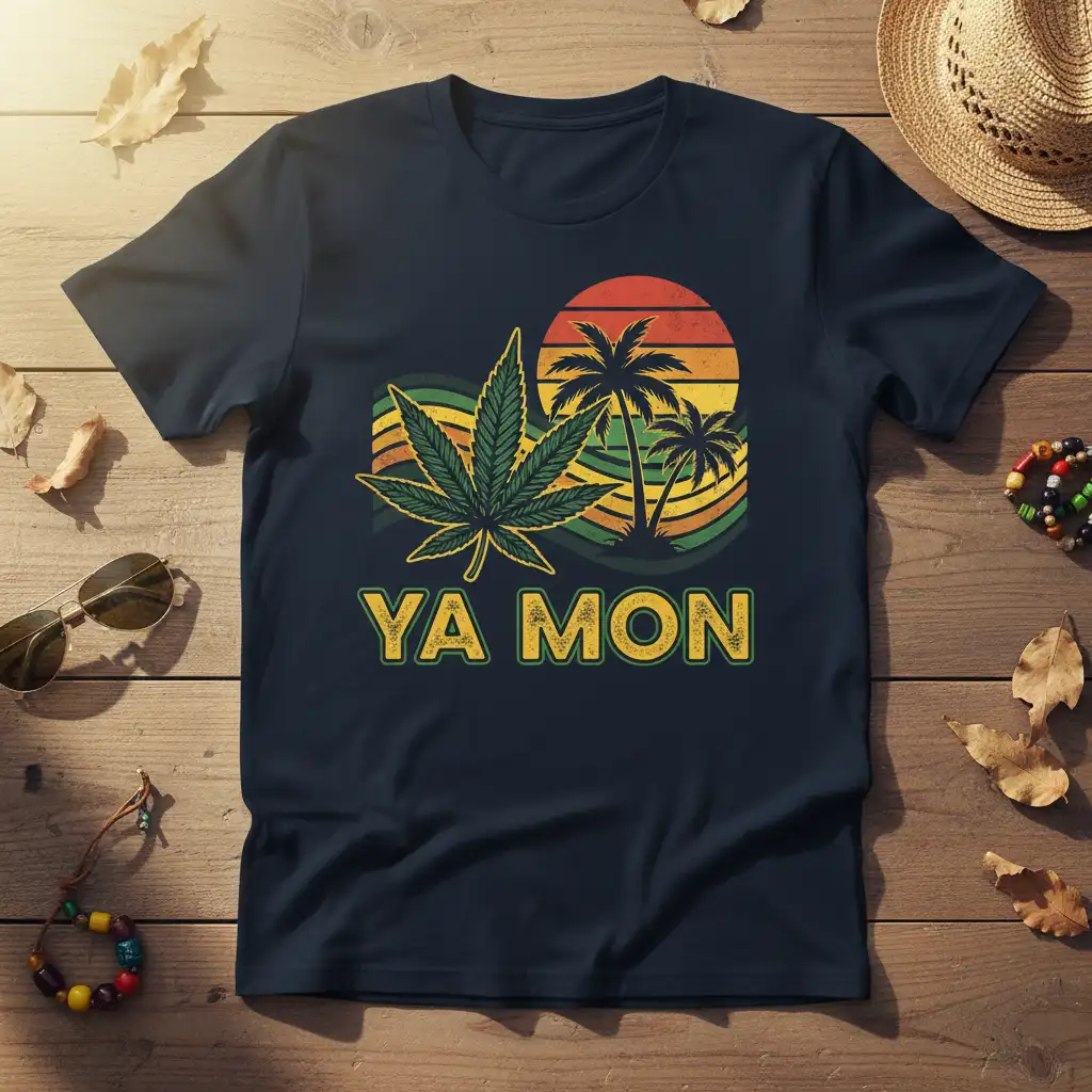 YA MON text with cannabis leaf and retro tropical sunset design on a t-shirt