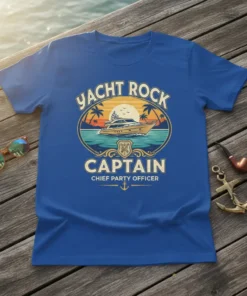 Yacht Rock Captain Chief Party Officer T-Shirt design featuring a yacht at sunset with palm trees and the text "Yacht