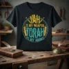 Yah Is My Weapon Torah Is My Ammo religious t-shirt design featuring Hebrew scrolls and swords in a circular emblem