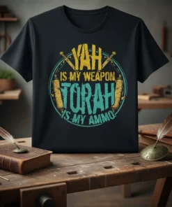 Yah Is My Weapon Torah Is My Ammo religious t-shirt design featuring Hebrew scrolls and swords in a circular emblem